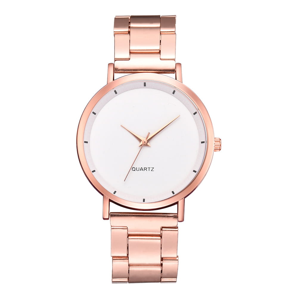 Rose gold women luxury watch quartz business wristwatch with a minimalist white dial and simple black hour markers made of stainless steel.