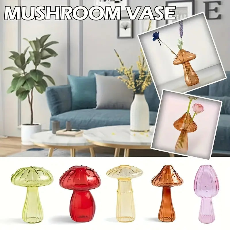 Clear glass mushroom bud vase with a glossy finish and colorful translucent caps in green red yellow amber and pink designed as a nordic plant holder.