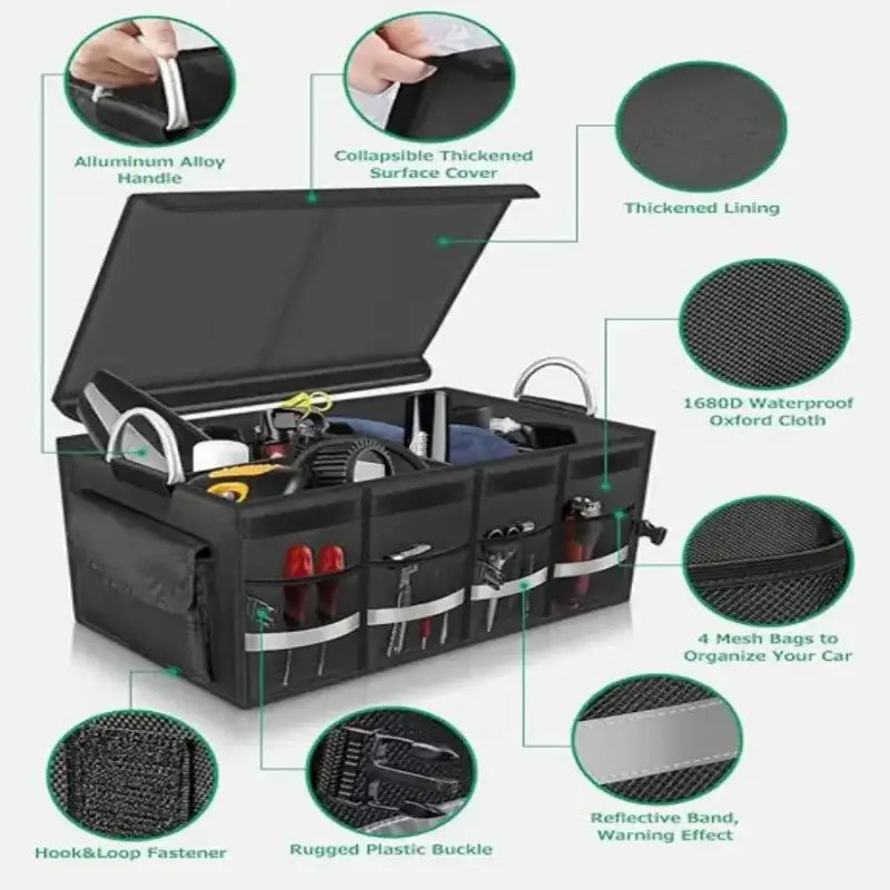 Organisateur de coffre de voiture pliable noir avec couvercle, fabriqué en tissu Oxford imperméable 1680D, doté d’une poignée en alliage d’aluminium et de poches en maille.