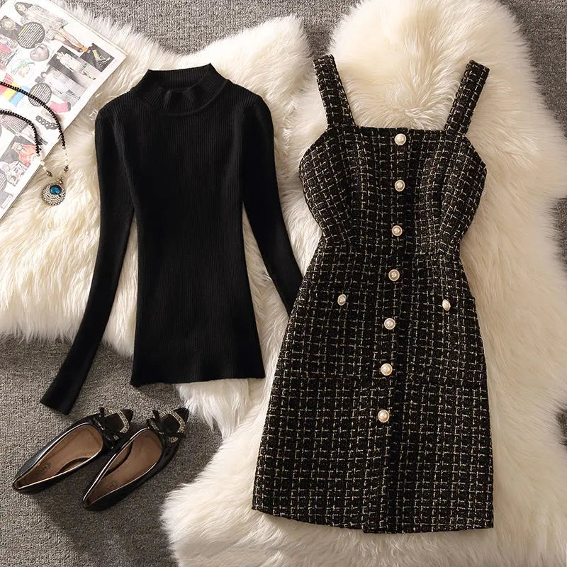 Women Autumn Winter Dress New Small Fragrant Tweed Vest Suspender Woolen Dress Bottom Knitted Sweater Female Two-Piece Set Suit