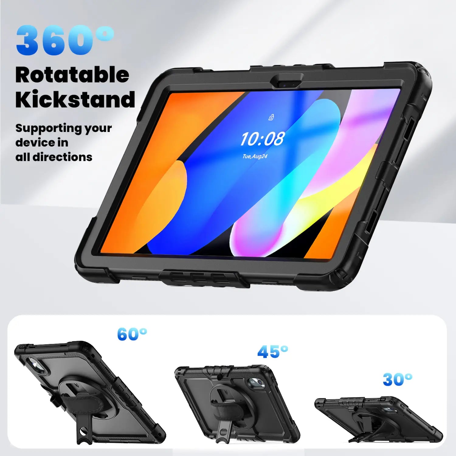 black rugged tablet case made of durable material with 360-degree rotatable kickstand and strap for tb336fu xiaoxin pad shown from the back side
