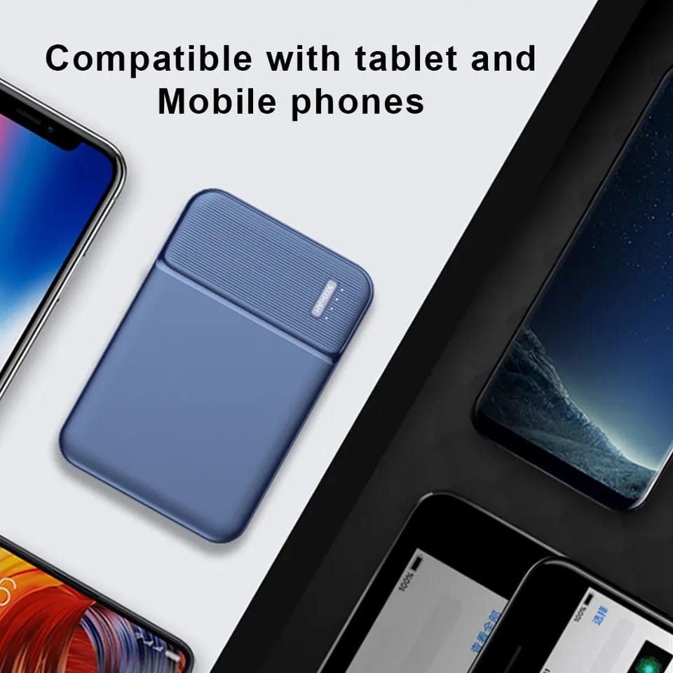 Blue rectangular 5000mAh portable power bank mini charger with a textured top panel and subtle branding.
