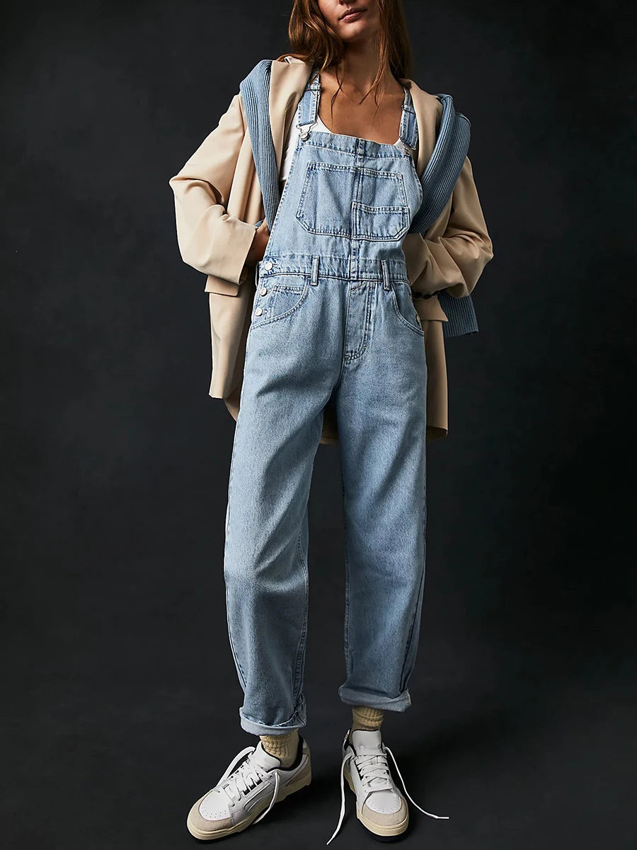 Women Denim Bib Overall Casual Adjustable Strap Denim Jumpsuit Loose Fit Straight Leg Overall Jean Pants Streetwear