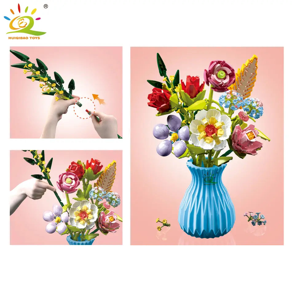 Un vase en Lego cannelé bleu vif, contenant un bouquet coloré de fleurs en plastique assemblées, issu de l’ensemble de bouquet de fleurs en briques, pour les amateurs de blocs.