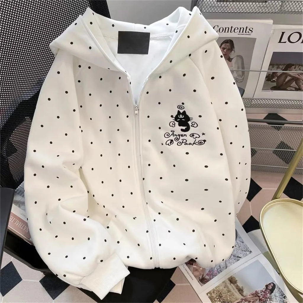 Women Dot Cartoon White Hoodies Spring Cute Long Sleeve Retro Sweatshirt Fall Japan Preppy Style Kawaii Female All Match Tops