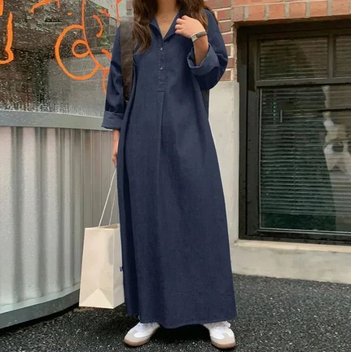 2026 Women's Casual Denim Dress Oversized Korean Vintage Robe Jeans Dress Streetwear Elegant Long Sleeve Solid Maxi Dress Female