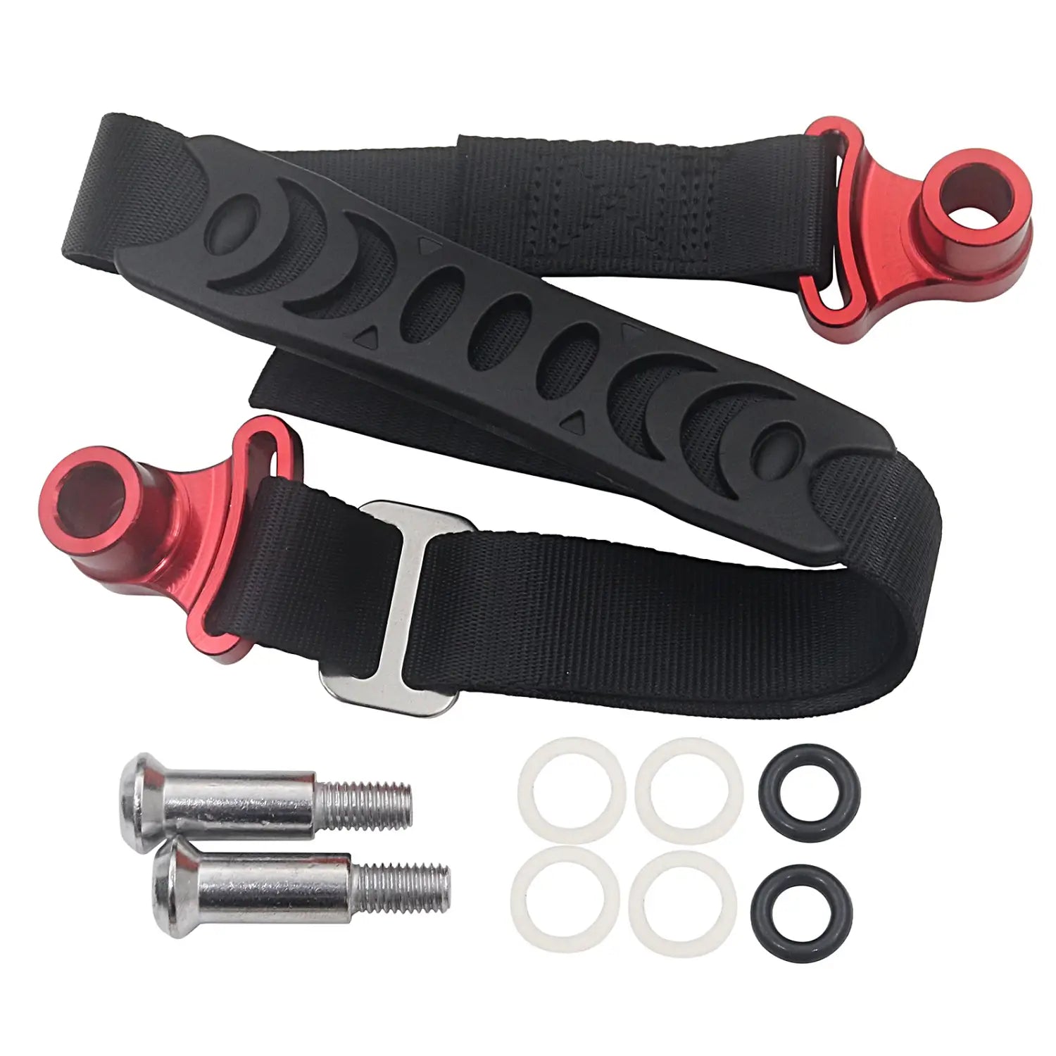 Schwarzer und roter verstellbarer Dirtbike-Abschleppgurt mit Mondphasen-Aussparungen, mit einer metallischen Schnalle und Befestigungsbeschlägen für Vorder- und Rückholriemen.