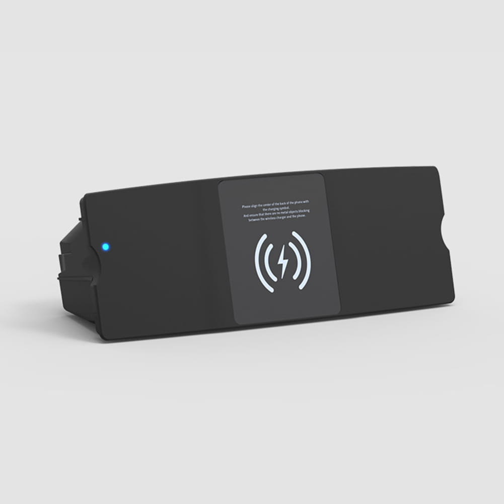 Black rectangular wireless charging pad with a matte finish and subtle blue indicator light for Audi A6 A7 wireless car charger 15w fast pad.