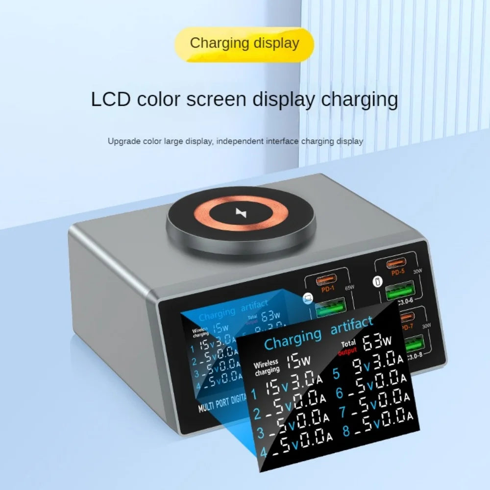 140W Multi-Port Charger with Digital Display, PD+QC, and Desktop Magnetic Wireless Charging for Phones and Laptops