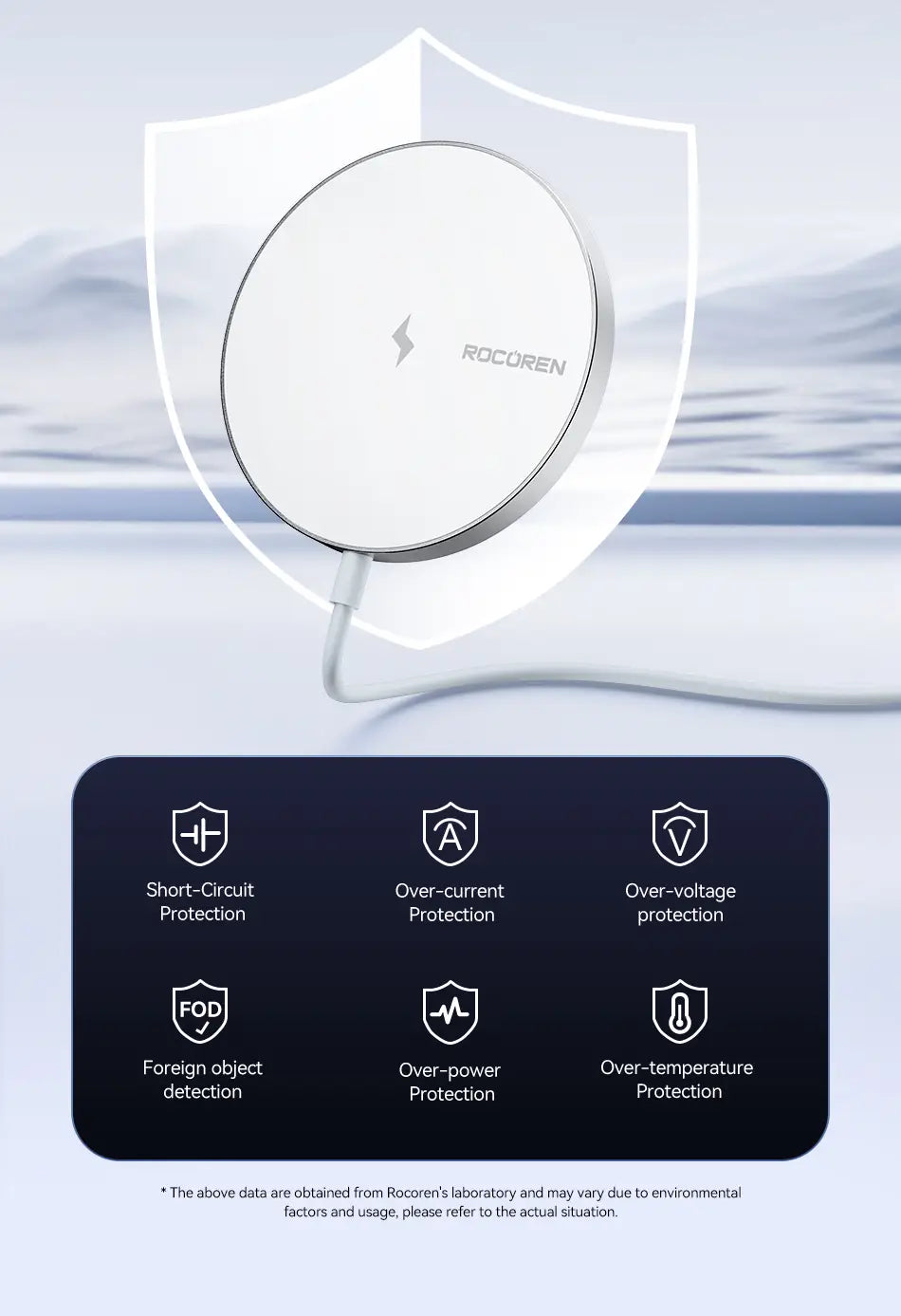 Cargador inalámbrico circular blanco con borde metálico elegante y el nombre de la marca Rocoren grabado sutilmente en el centro, diseñado para una almohadilla magnética de carga rápida de 15 W para iPhone.