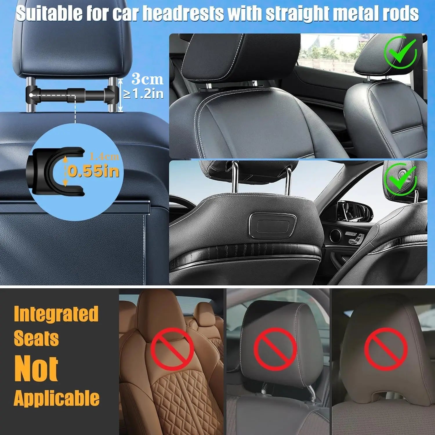 Soporte para tableta en el reposacabezas del automóvil de plástico negro, con soporte metálico ajustable mediante abrazadera para dispositivos de 4.7 a 12.9 pulgadas, que muestra la cara posterior del producto