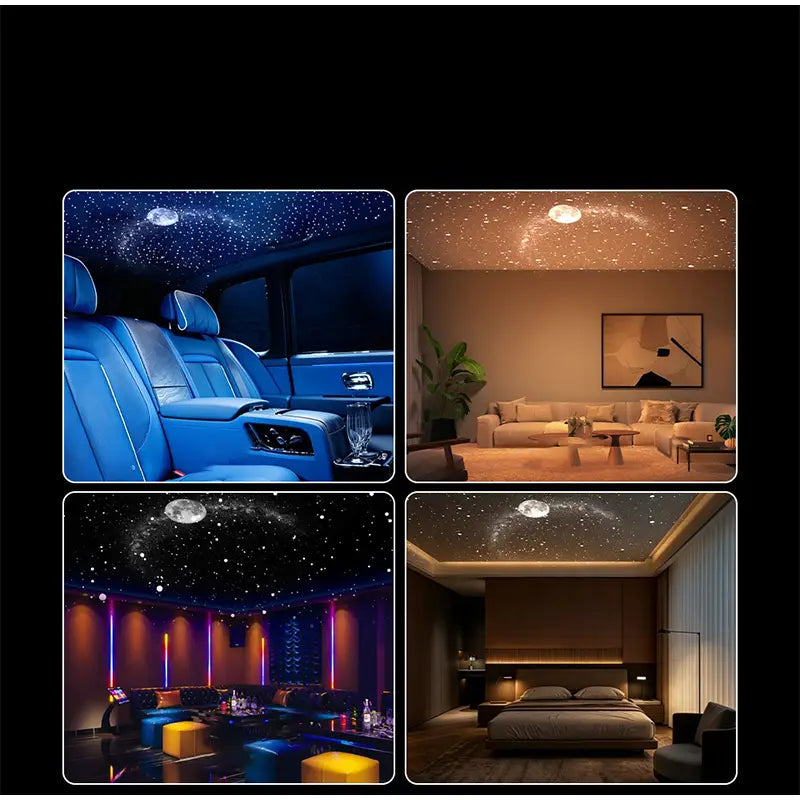a sleek circular ceiling starry sky night light projector atmosphere lamp casting twinkling lights and a moon to create a relaxing night ambience