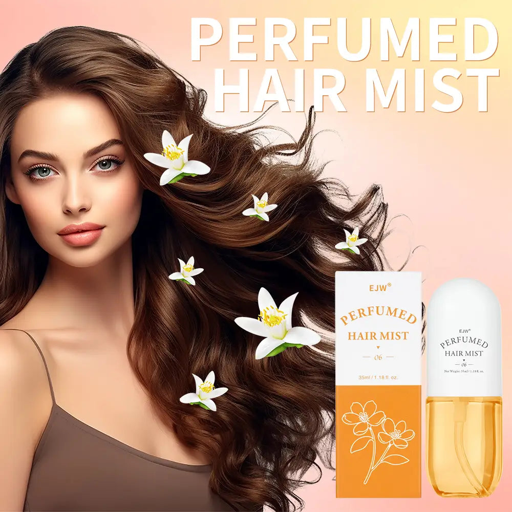 Ejw perfumed hair mist and essential oil spray in a sleek white and gold bottle with an elegant floral design on the label.
