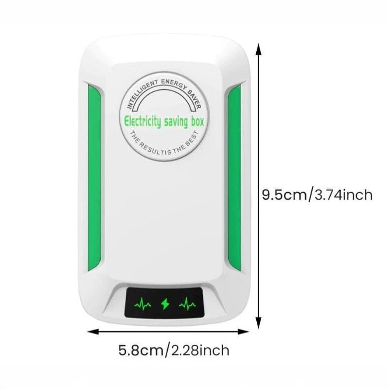 weiße rechteckige Stromsparbox für intelligente Energieeinsparung für den Hausgebrauch mit grünen vertikalen Akzenten und einem runden Aufdruck „Intelligent energy saver“