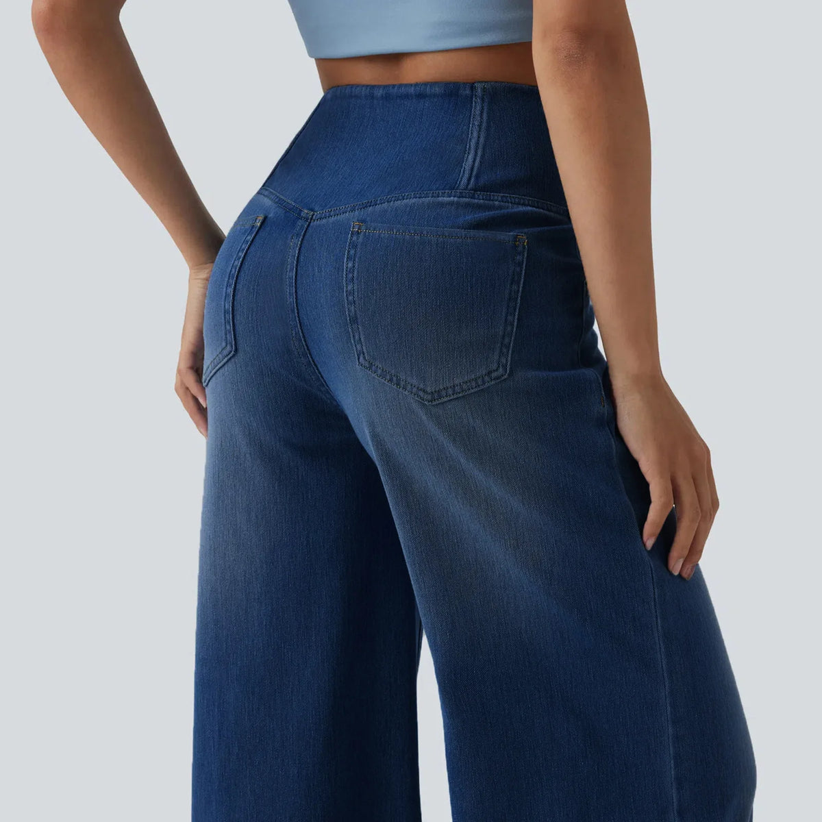 Fashion Women Cross V High Waist Washed Denim Wide Leg Pants Elastic Soft Jeans Casual Daily Loose Full Length Stretch Trousers