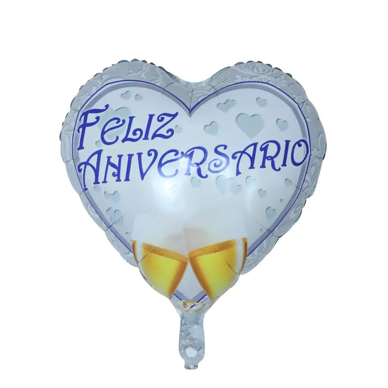 a translucent white heart-shaped foil balloon with a blue feliz aniversario message and gold champagne glasses design from the happy anniversary foil balloons 10 pack