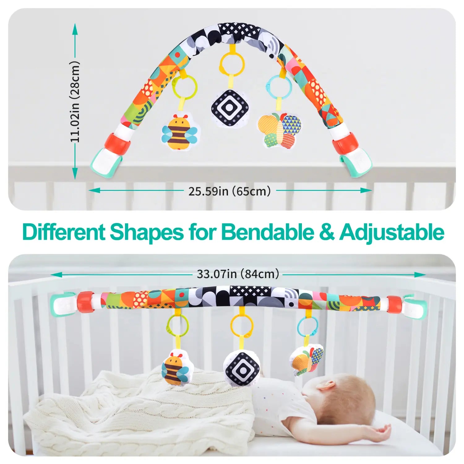 buntes mit Stoff bezogenes Fahrwagenbogen-Spielzeug für sensorische Aktivitäten für Babys mit weichen hängenden Spielzeugen.