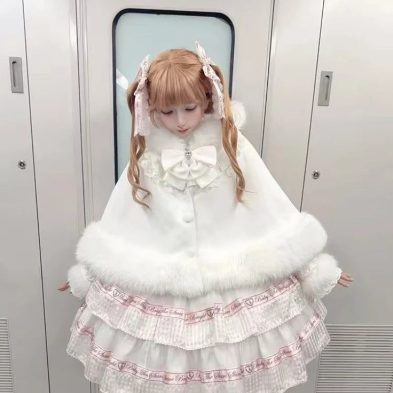 Women Autumn Winter Japanese Bow Ruffles Ponchos Lolita Style Sweet Kawaii Capes Coat Vintage Warm Comfy Outerwear Clothing
