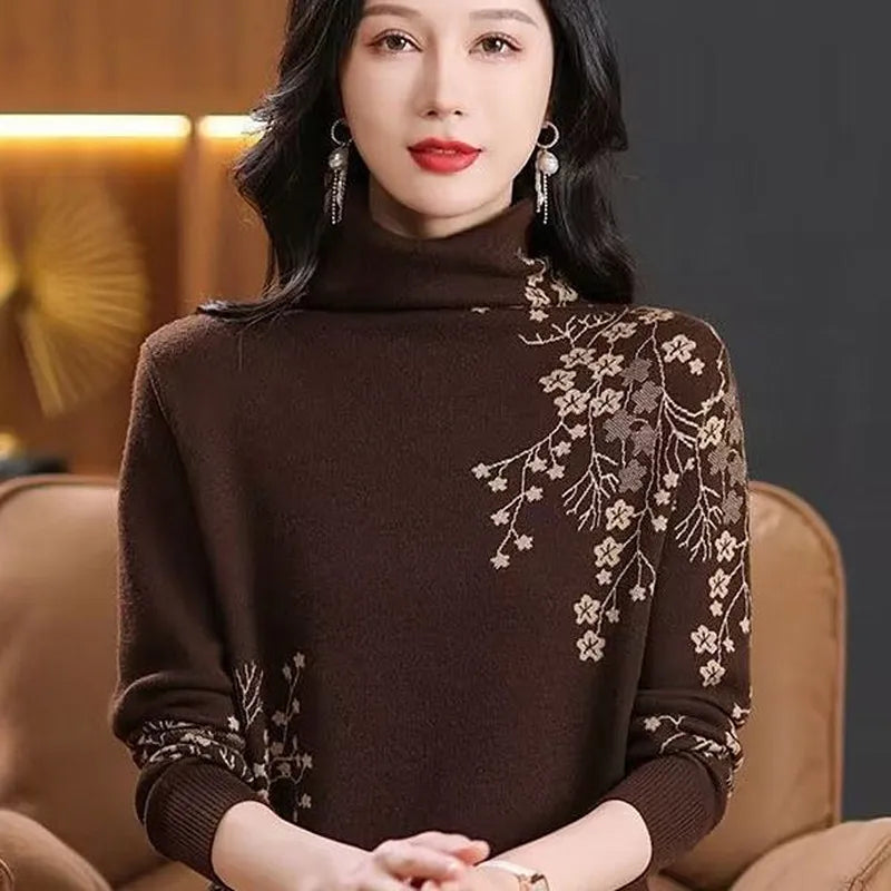 Winter Clothes Woman Vintage Print Woolen Shirt Spring Autumn Turtleneck Warm Knitwear Jumper Turtleneck Pull Women's Sweater