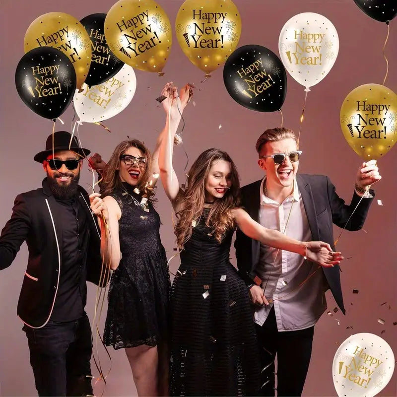 Gold and black happy new year balloons with a glittery foil finish in the 2026 new year balloon set party decors.