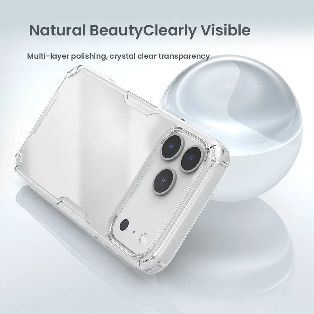 Clear transparent nature tpu pro phone case for iPhone 17 series showing the back side with a sleek protective design that highlights the device’s camera system.