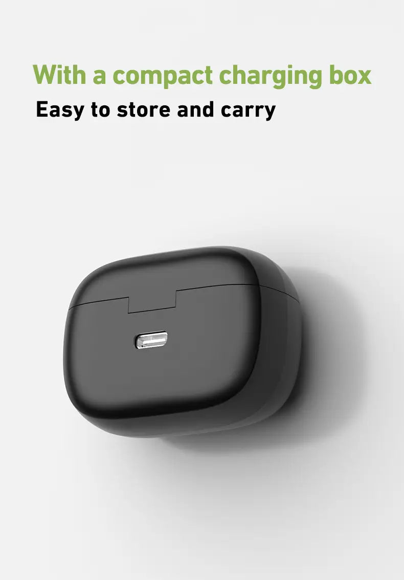 boîte de chargement compacte noire avec un design rectangulaire arrondi et élégant, et un petit port USB-C argenté à l’avant pour les écouteurs sans fil Bluetooth htc ne51.