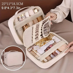 Spacious Double-Layer Travel Makeup Bag Durable Faux Leather with Clear Compartments Storage Bag for Women's Beauty Essentials