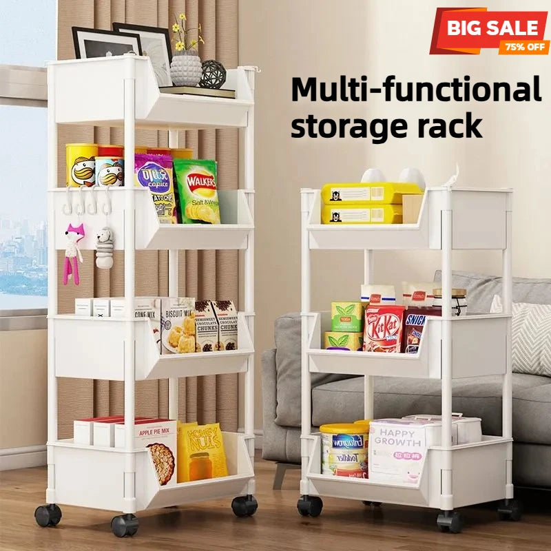 5-Tier Storage Rack - Kids Toy Organizer, Kitchen Snack Rack, Movable Shelf with Side Hooks for Home Organization & Storage