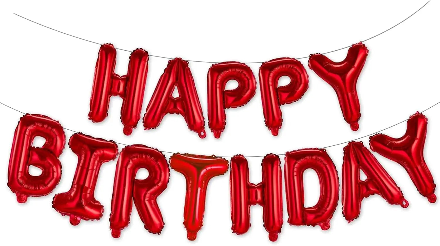 Rotes metallisches Ballonbanner mit „Happy Birthday“ in kräftig aufgeblasenen Buchstaben als Teil eines Sets aus schwarzen Happy-Birthday-Ballon-Banner-Folienbuchstaben.
