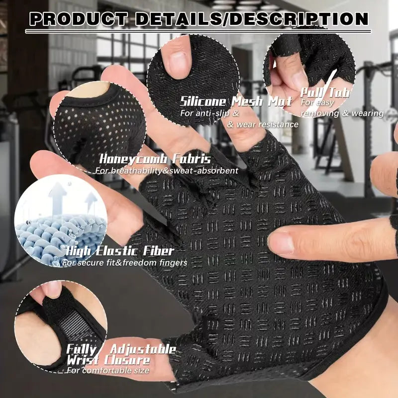 Black weight lifting glove with half-finger design featuring a silicone mesh mat for grip and honeycomb fabric for breathability for gym exercise fitness use.