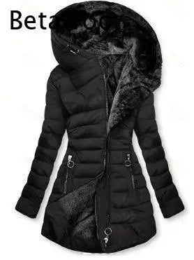 Women Hooded Warm Padded Jacket Fleece Lined Interior Diagonal Zipper Slim Silhouette Mid Length Winter Outer Coat