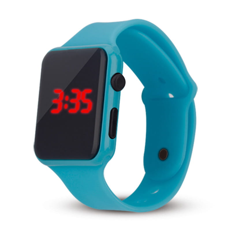 Reloj de pulsera casual deportivo digital de silicona color azul brillante para hombres y mujeres, con esfera rectangular negra que muestra números LED rojos.