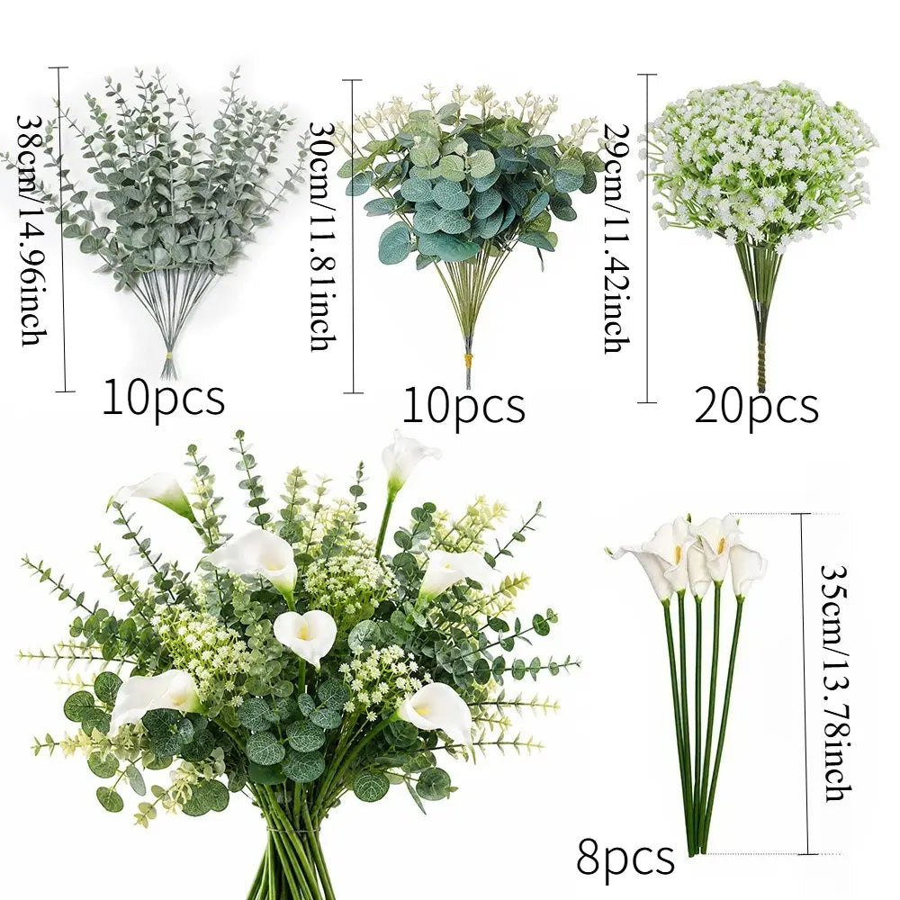 artificial mixed flowers 48pcs wedding bouquet featuring eucalyptus baby’s breath and white calla lilies in varying green hues and textures for elegant decor