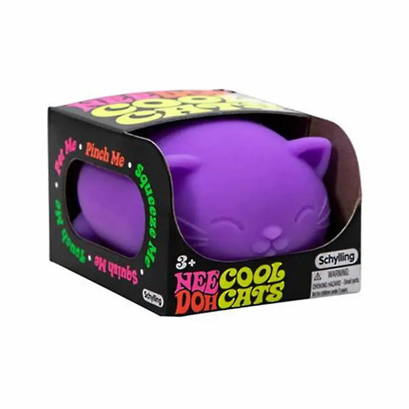 Front view of a purple silicone needoh squishy cat sensory fidget stress ball in black and colorful packaging showing quick rebound design.