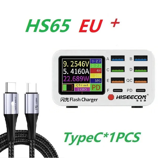 Multi Port 100W USB Charger Hub Digital Display Voltage Current Monitor PD QC Fast Charger Smart for Phones Laptops
