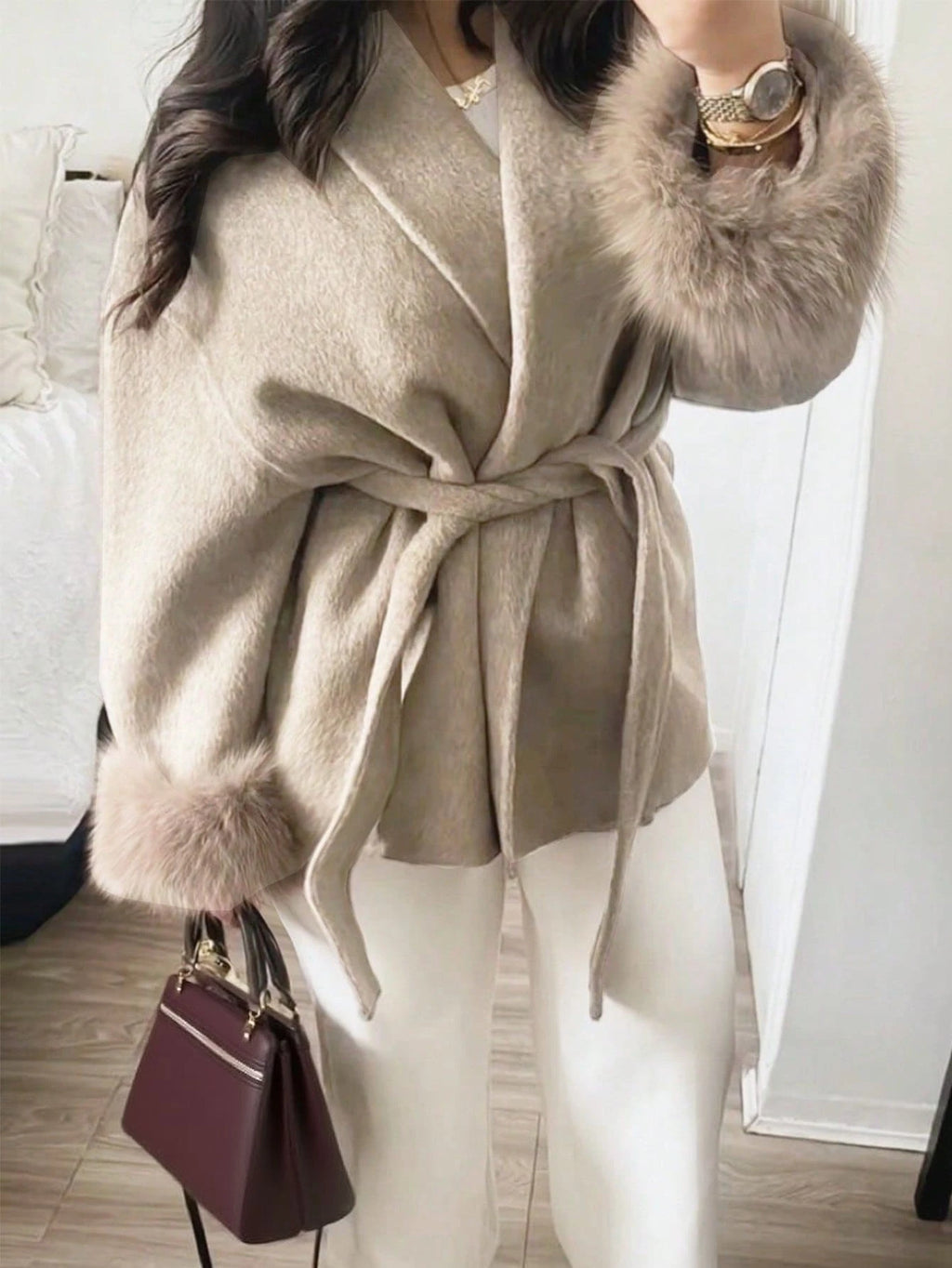 Women Winter Wrap Coat Wool Blend Belted Faux Fur Cuff Beige 2026 New Elegant Old Money Office Outerwear
