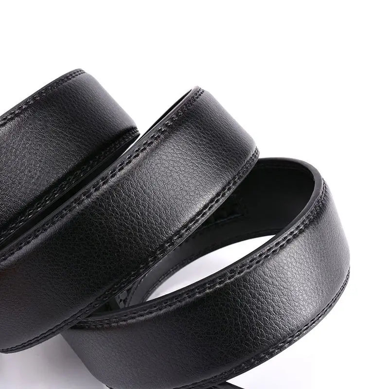 Black leather ratchet belt for men with a smooth textured surface and precise stitching along the edges featuring an adjustable automatic buckle.
