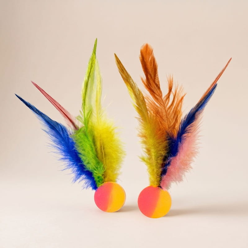 jouet à balle interactive avec des oiseaux à plumes multicolores et colorées, comprenant un plumage doux et duveteux ainsi que des bases sphériques rose vif et jaune, pour des jeux de balle avec le chat.