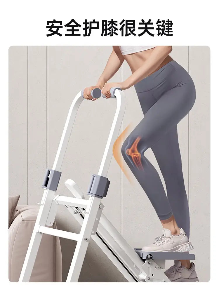 Exerciseur de sécurité pour le genou en métal blanc avec poignées rembourrées grises et repose-pieds, pour équipement de machine d’escalier pour l’étape du fitness à domicile.