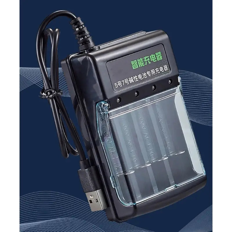 Black plastic 1.5v alkaline battery charger with transparent front panel, smart usb charging for four aa or aaa batteries, featuring a usb cable and green led display.
