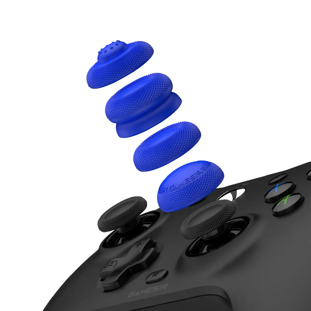 blue textured grip caps for a black gaming controller included in the Gamesir G7 magnetic faceplate and accessories kit.