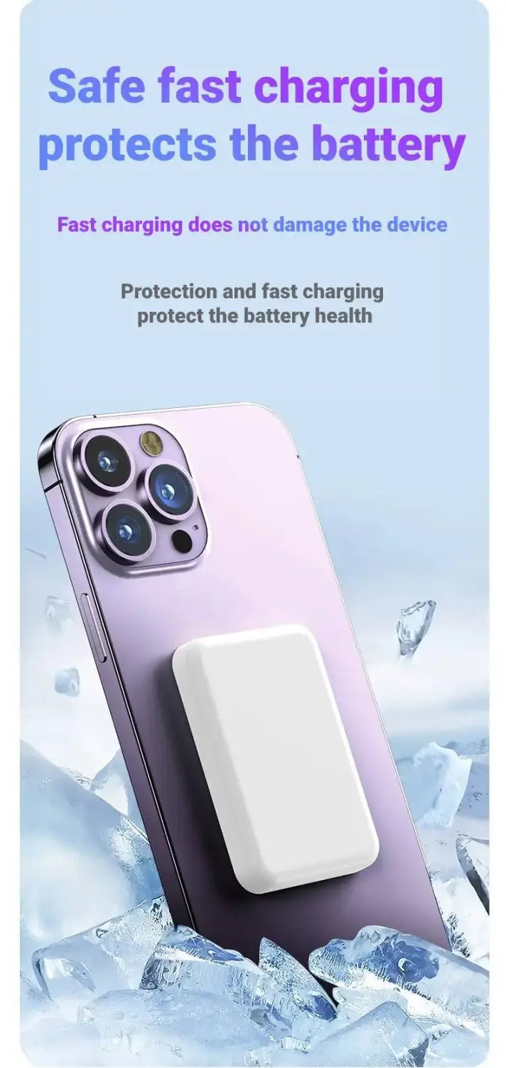 white rectangular magnetic power bank 20000mah fast charging pad attached by magnetic suction to the back of a lavender-colored smartphone