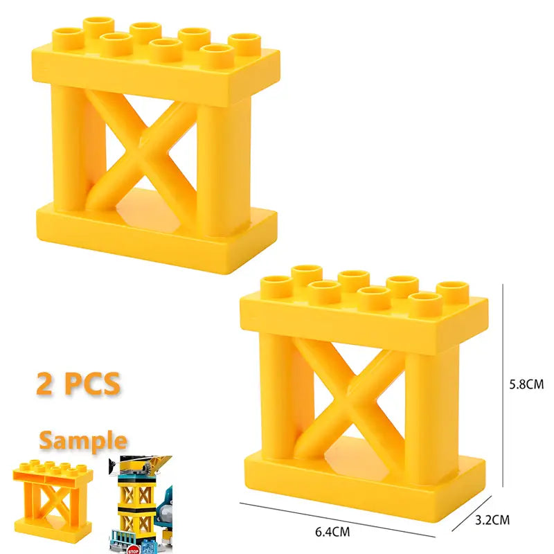 Bright yellow plastic building block with an x-shaped crossbar design for building blocks duplo compatible train car toys.