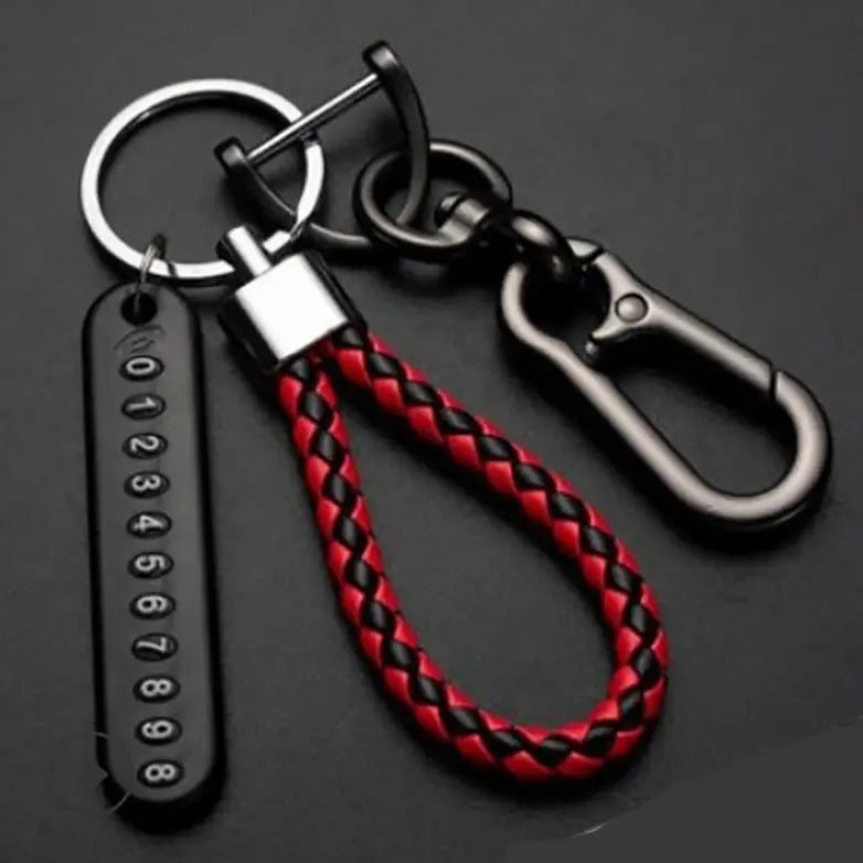 Red and black braided leather anti-lost stainless steel car key ring pendant with silver-toned metal clasp carabiner and numbered tag.