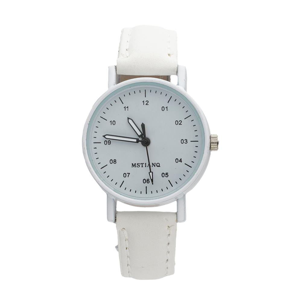 White leather strap women quartz watch with minimalist dial silver tone case and waterproof pu leather material.