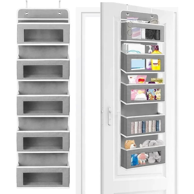 Gray fabric over door hanging storage organizer with five pockets and multiple compartments for efficient space saving.