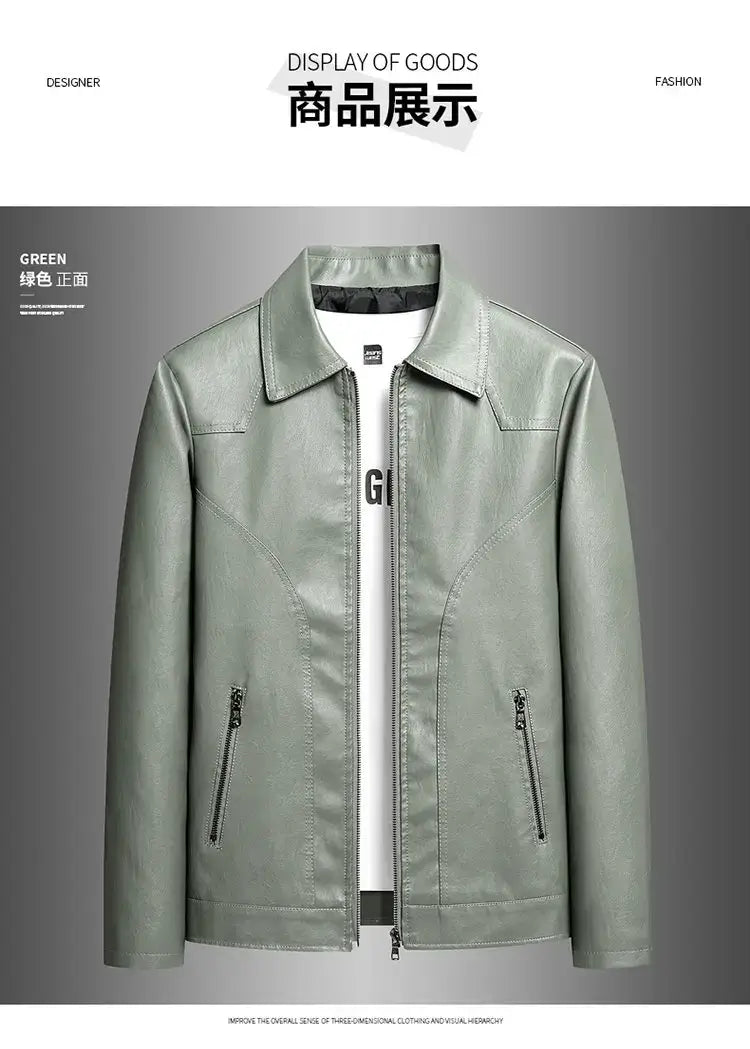 Men’s light green faux leather moto jacket with a sleek design classic collar and front zipper closure