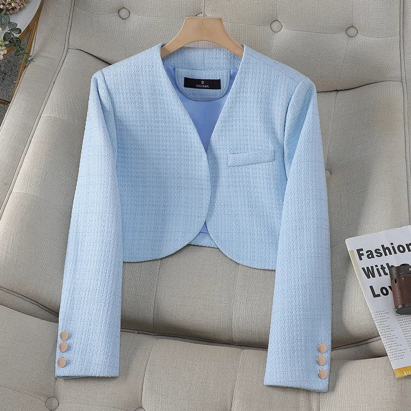Fashion Women Formal Blazer Ladies White Blue Black Long Sleeve Cardigan Coat Work Wear Short Blazer Jacket Autumn Female Tops