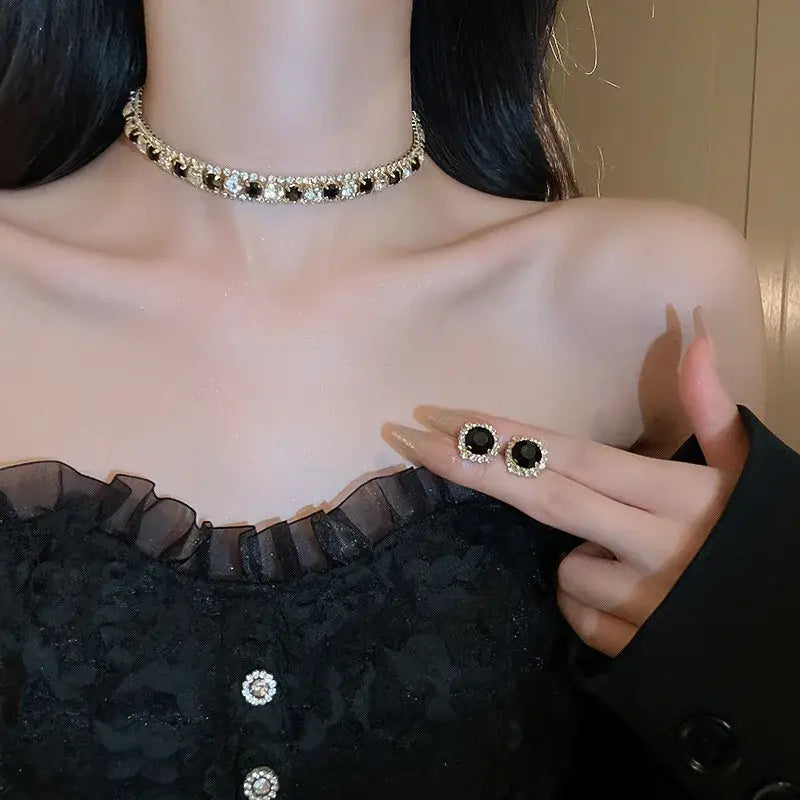 Black and silver rhinestone choker necklace featuring a delicate sparkling design from the crystal necklace and earring set pink ab wedding jewelry collection.