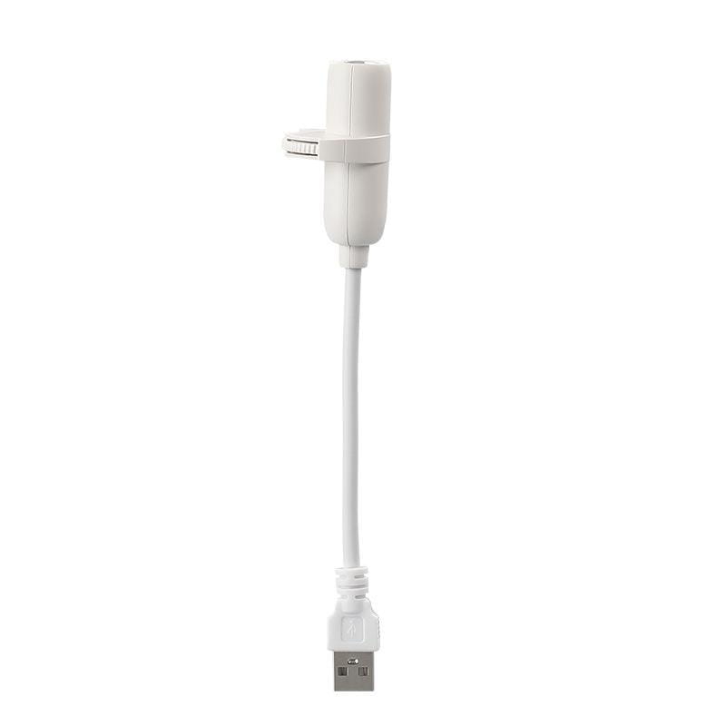 a white usb charging cable with a compact angled adapter connected to a usb powered galaxy projector with flexible neck designed for phone use